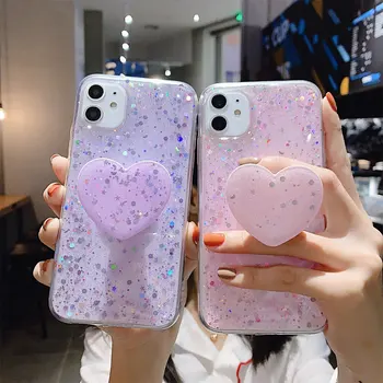 

Love Heart Bling Phone Case For iphone 11 Case 11 pro max 6 6s 7 8 Plus X XR XS Max Star Sequin Cover Funda Stand Holder Coque