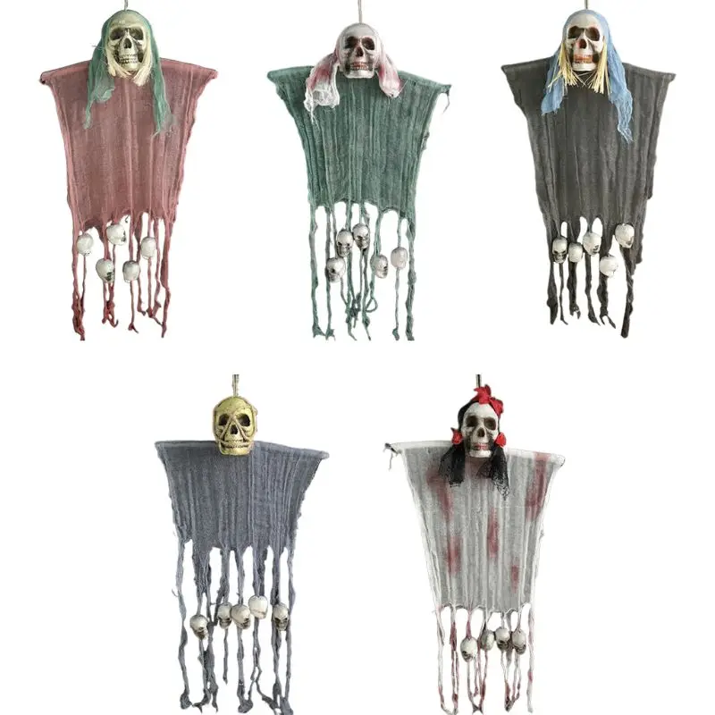

120x45cm Halloween Scary Hanging Skull Ghost with Fake Hair Tearing Cape Pendant Haunted House Bar Party Decoration Ornament