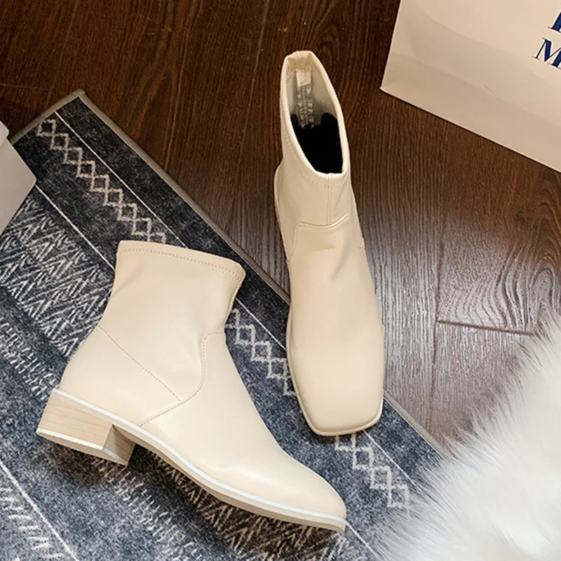 Брендовые однотонные короткие ботинки «Челси» с квадратным носком; bottes mujer; зимние Ботинки martin из эластичной кожи без застежки; Узкие ботильоны на массивном каблуке; обувь