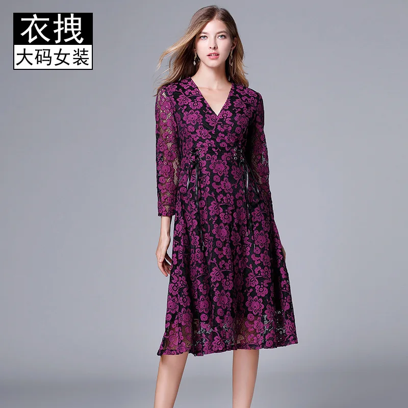 

Lace Dress Spring And Autumn New Style Fat MMV Collar Joint-A-line Dress