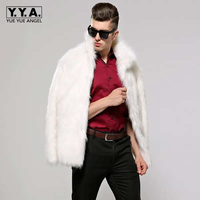 

Winter Thick Warm Faux Fox Fur Coat For Men White Black Classic Male Overcoat Lapel Collar Outwear Coats Casual Hombre Jacket