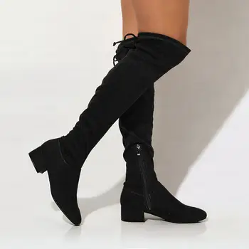 

LAIGZEM Women Knee High Boots Soft Suede Side Zip Low Chunky Heels Basic Boots Shoes Woman Botines Mujer Botas Big Size 44 47 52