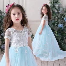 Sky Blue Flower Girl Dresses For Weddings Ball Gown Short Sleeves Tulle Lace Long First Communion Dresses Little Girl