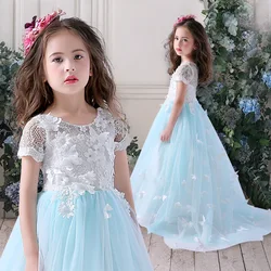 Sky Blue Flower Girl Dresses For Weddings Ball Gown Short Sleeves Tulle Lace Long First Communion Dresses Little Girl