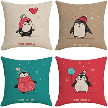 

4 Pack, Merry Christmas Cute Penguins Style Decorative Pillow Covers Square Cotton Linen,Home Decor Xmas Throw Pillows Cases Cus