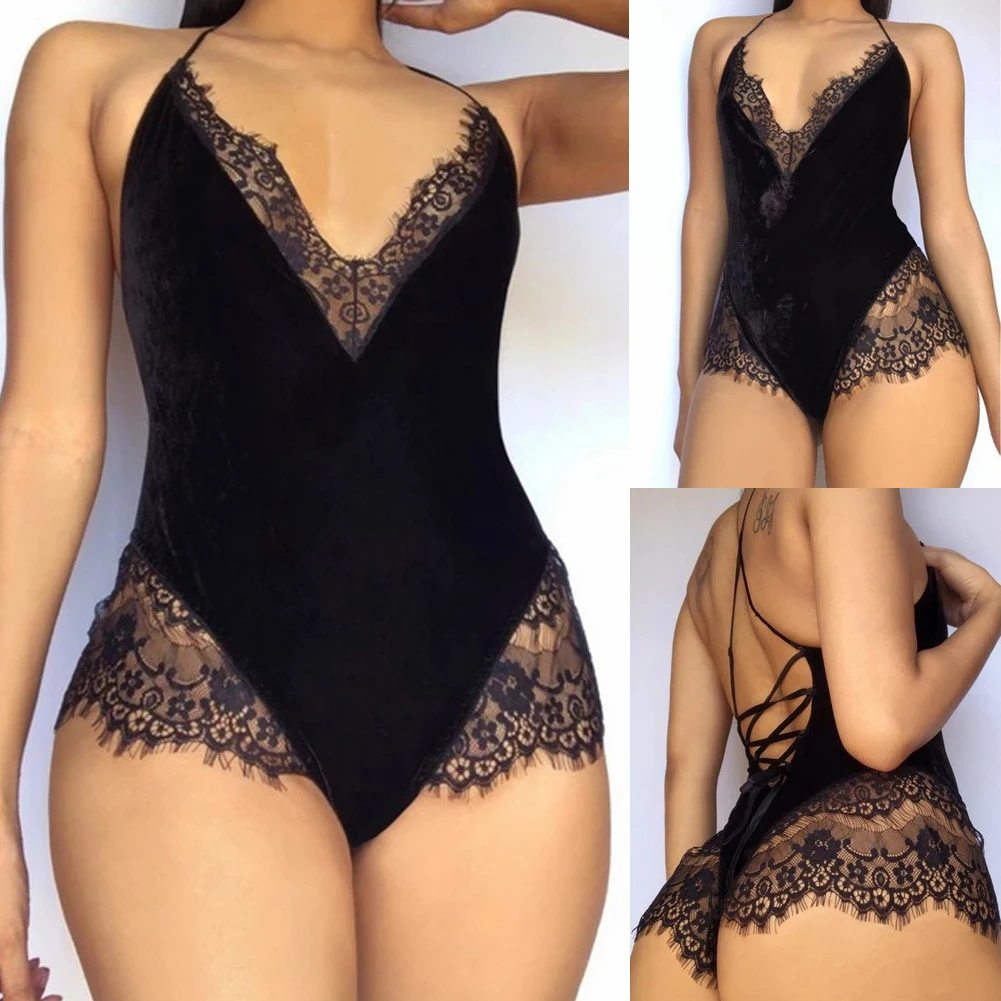 Женское Сексуальное белье с v-образным вырезом, кружевное платье Babydoll, одежда для сна, ночное белье, боди с открытой спиной, эротические костюмы