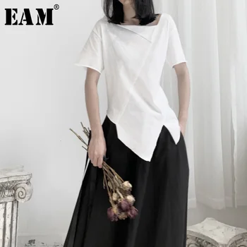 

[EAM] Women White Asymmetrical Split Joint T-shirt New Round Neck Short Sleeve Fashion Tide Spring Autumn 2020 19A-a662