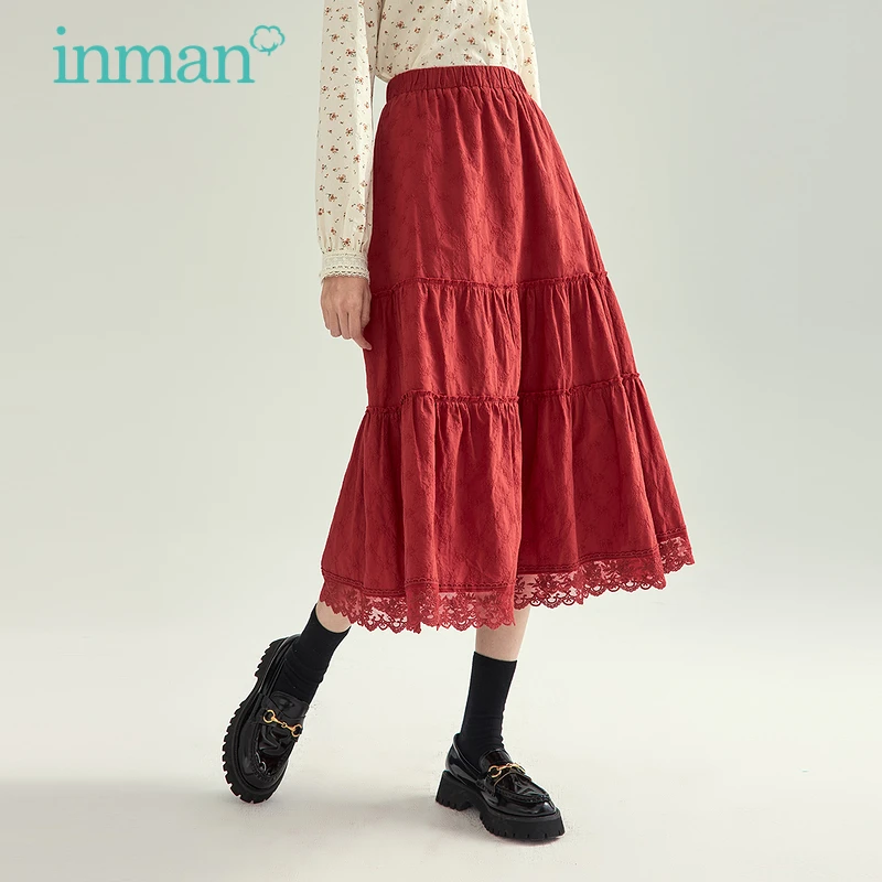 INMAN primavera otoño mujeres rojo Retro elegante Jacquard Bajo de encaje elástico en la cintura vestido femenino todo Partido de|Faldas| - AliExpress