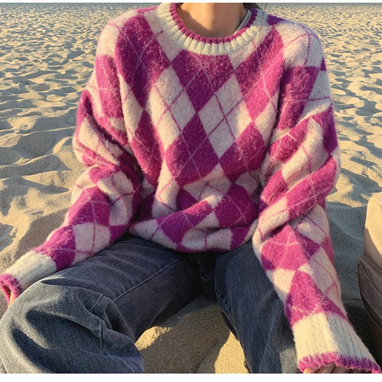 Осенний теплый модный цветной свитер, модная уличная одежда, Повседневный свитер, Женский вязаный пуловер в клетку, женский свитер SL251 - Цвет: Фуксия