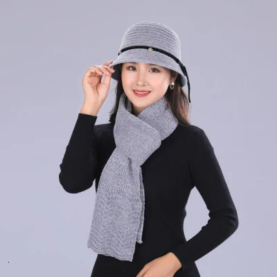 Gray Hat scarf Комплект из 2 предметов, новая зимняя шапка с кроличьим мехом и шарф для женщин, теплые шерстяные толстые шапки, женские зимние повседневные однотонные вязаные шапки - Цвет: Gray Hat scarf