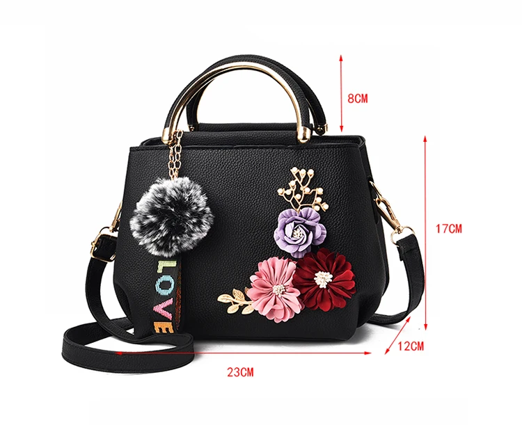 Женская кожаная сумка дизайнерская сумка-тоут с цветочным рисунком, сумка с заклепками, подвеска с меховым шариком, женская сумка на плечо, женская сумка с лямкой через плечо