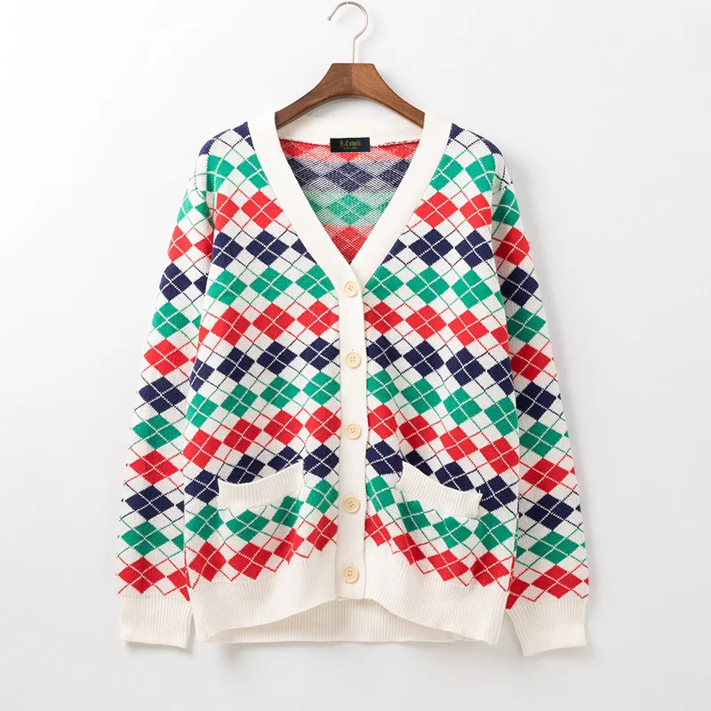 

Jiu si Available 2019 Autumn And Winter New Style Color Plaid Jacquard Cardigan Sweater Men And Women Couple Clothes G Home Swea