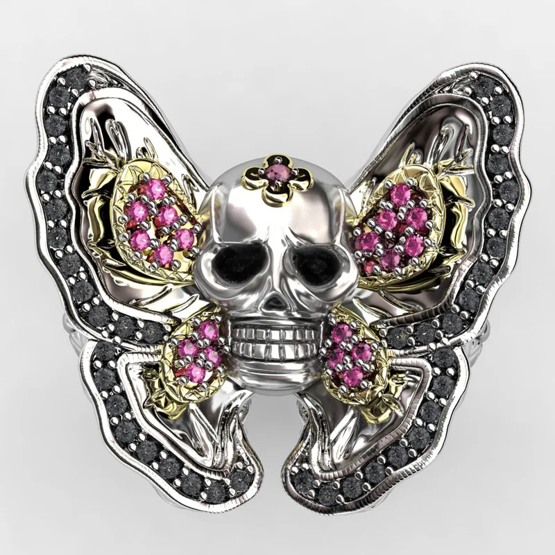 gothic Colored Cubic Amethyst Zirconia Butterfly Skull Ring Female Silver Color Punk Band Skeleton Cocktail Women Vintage | Украшения и