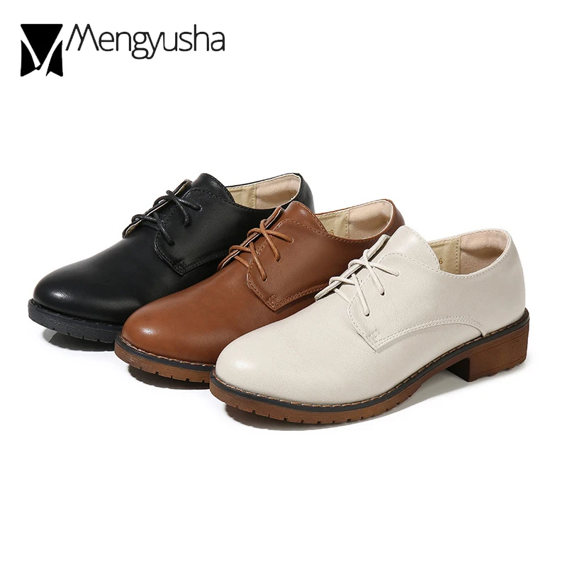 Ladies Oxford Shoes Leather Derby Rubber Flats Women Lace-Up Low Thick Heels Creepers Academic Girls Student Loafers
