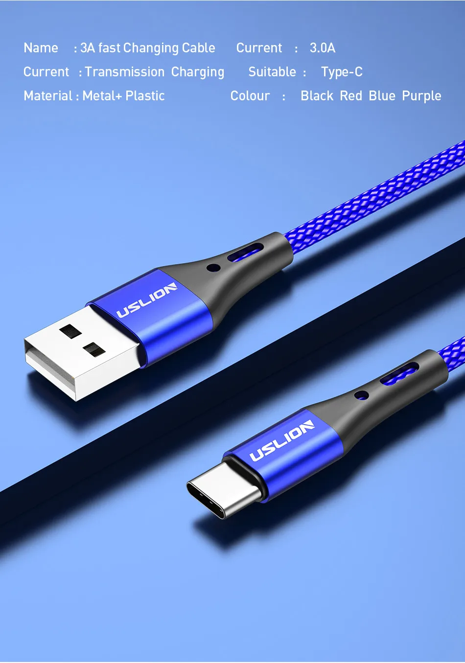 USLION 3A usb type C кабель для передачи данных для samsung Galaxy S10 S9 S8 Xiaomi Redmi Note 7 huawei P20 Быстрая зарядка зарядные устройства для мобильных телефонов