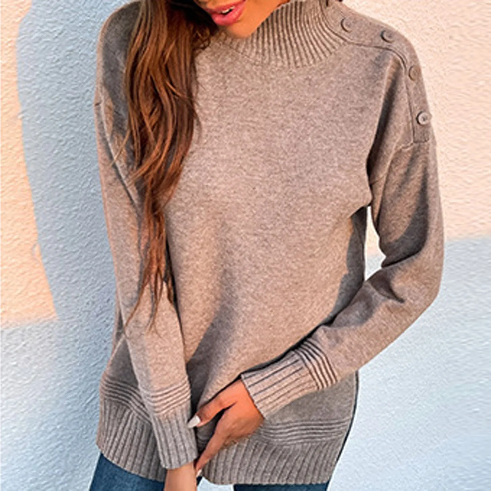 Autumn Winter High Collar Sweaters Women Loose Long Sleeve Hem Fork Sweater Shoulder Buckle Turtleneck Knitted Pullovers Jumpers 1