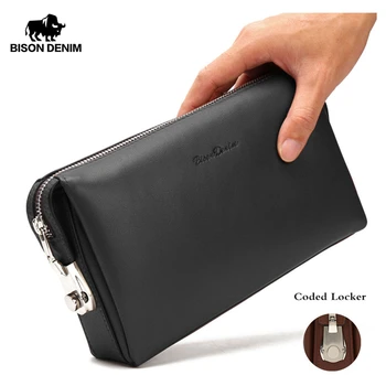 

Bison Denim Large Capacity Black Genuine Leather Men Wallets Zipper Male Wallet Men Purse Long Phone Wallet Men's Clutch Bag