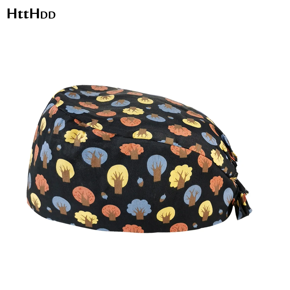 

Breathable beauty salon cartoon print forest tail hat Pet Health Service Center work scrub hat Laboratory adjustable scrub cap