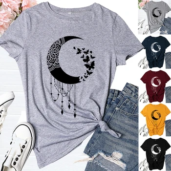 

Womens Cute Moon Graphic T Shirts Casual Crew Neck Short Sleeve Tops Tees Vintage Butterfly Print Funny Female Tshirt