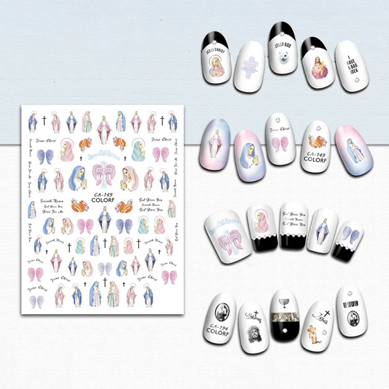 

1sheet 3D Nail Stickers Virgin Mary Jesus Christ Angel Cupid Sticker Colorful Religious Series DIY Nai Art Decoration