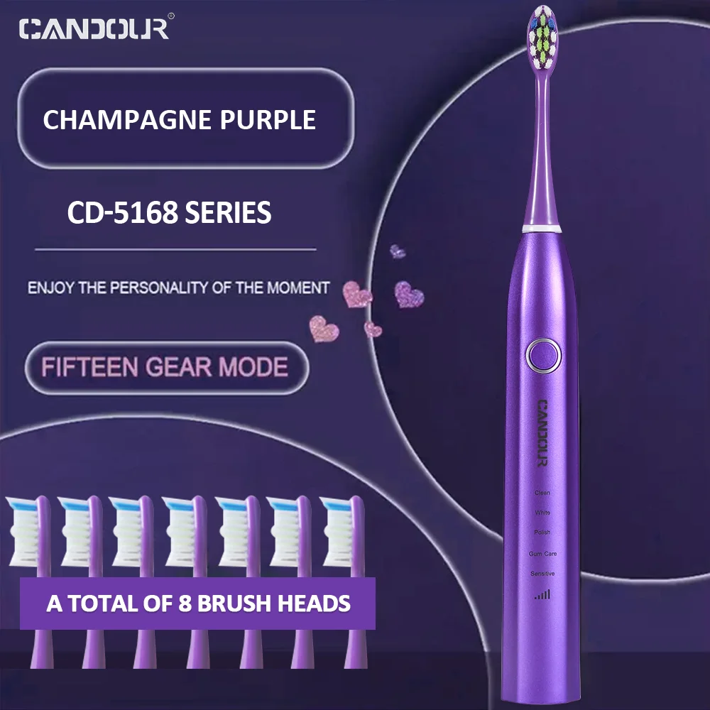 Cantour-CD-5168 음파 전동 칫솔, 15 가지 모드, USB 충전식, 자동 칫솔, USB 충전, 방수