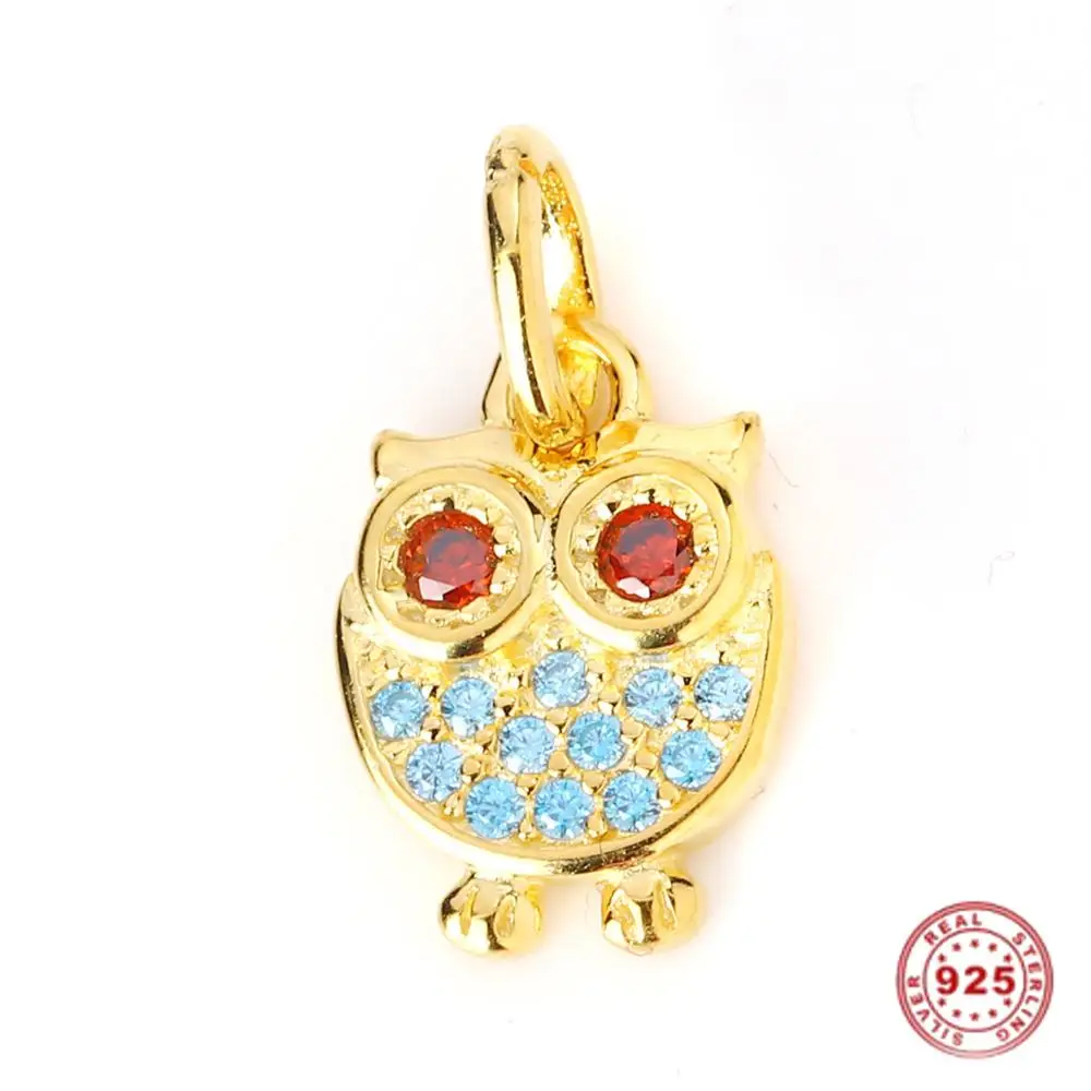 Owl Animal Red Blue Rhinestone 925 Sterling Silver Charms Golden Pendant Jewelry 15mm( 5/8&quot) x 8mm( 3/8&quot) 1 Piece | Украшения и