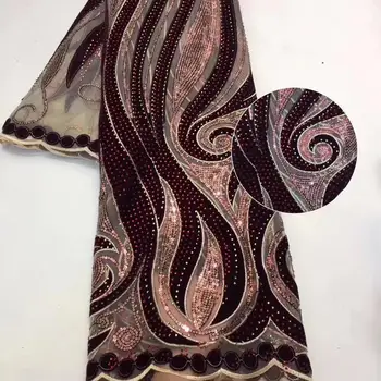 

2020 New arrival royal blue wine red embroidery glitter tulle lace fabrics latest Nigerian velvet sequins lace fabrics for party