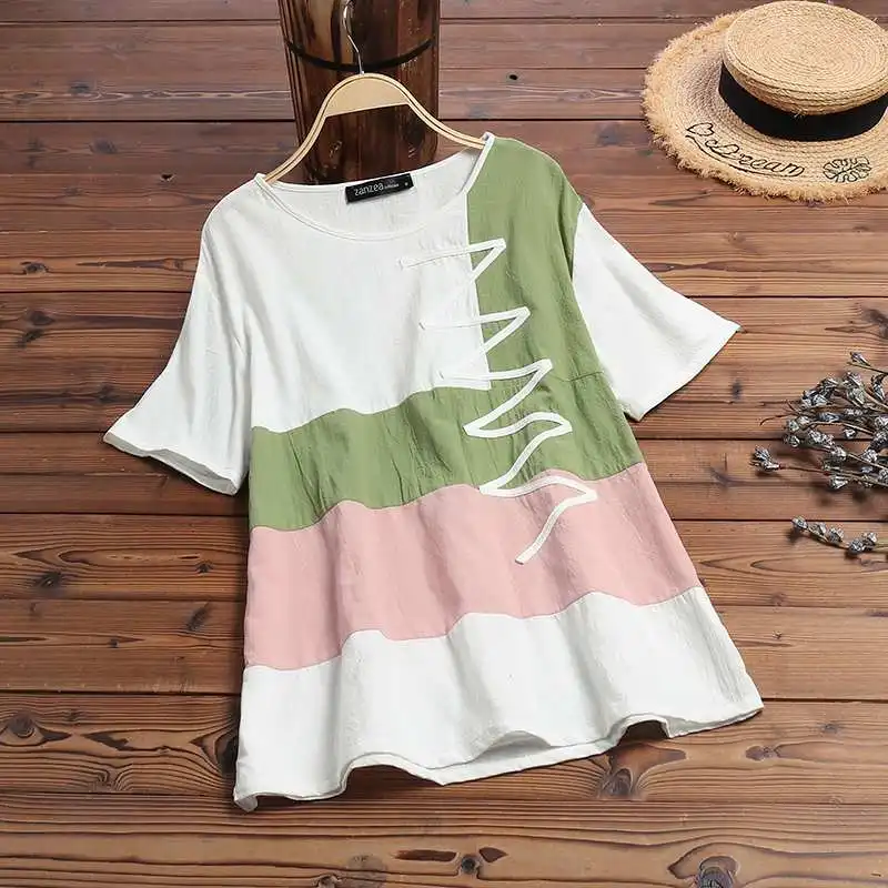 

Plus Size Cotton Tops Women's Stiching Blouse ZANZEA 2020 Vintage Casual Summer Short Sleeve Tee Shirts Female Work Blusas Tunic