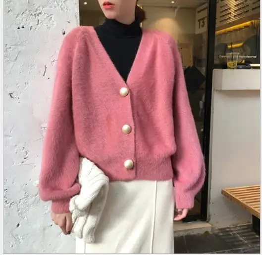Pink Мягкий осенне-зимний женский свитер, кардиган, норковая шерсть, вязаные пальто, lady2019короткие вязаные топы, джемпер на пуговицах с v-образным вырезом, Вязанная одежда M198 - Цвет: Pink