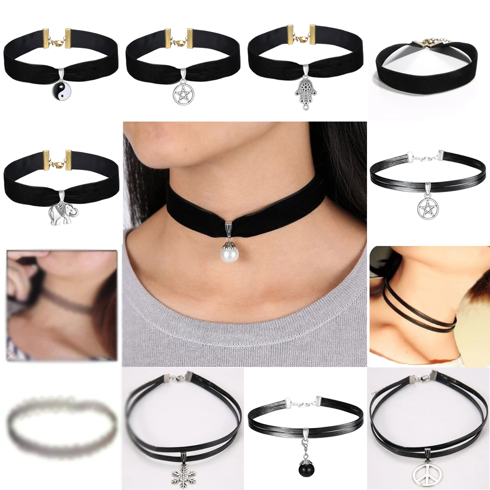de encaje de terciopelo hecha a mano para mujer, Collar Vintage, Torques, joyería el cuello, estiramiento negro, encanto Yin gótico, Punk - AliExpress y accesorios