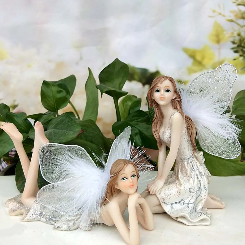 1 Pcs Europe Style White Wing Angels Figurines Garden Fairy Resin Crafts Home Desk DIY Ornament Car Decor