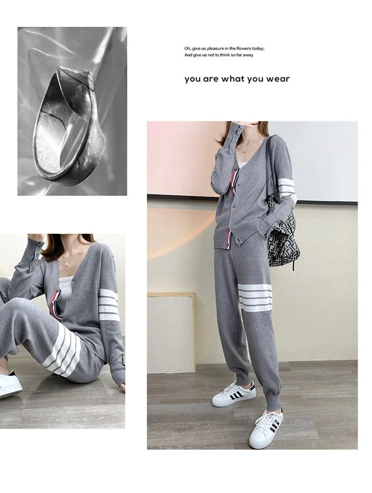 TB suit women's V-neck stripe knitted color matching sweater cardigan coat casual age reducing Harlem Leggings two piece set