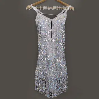 

Girls Latin Dance Dress Shining Silver Sequins Tassel Latin Costumes Tango Samba Dance Dresses Ballroom Fringe Competition Dress