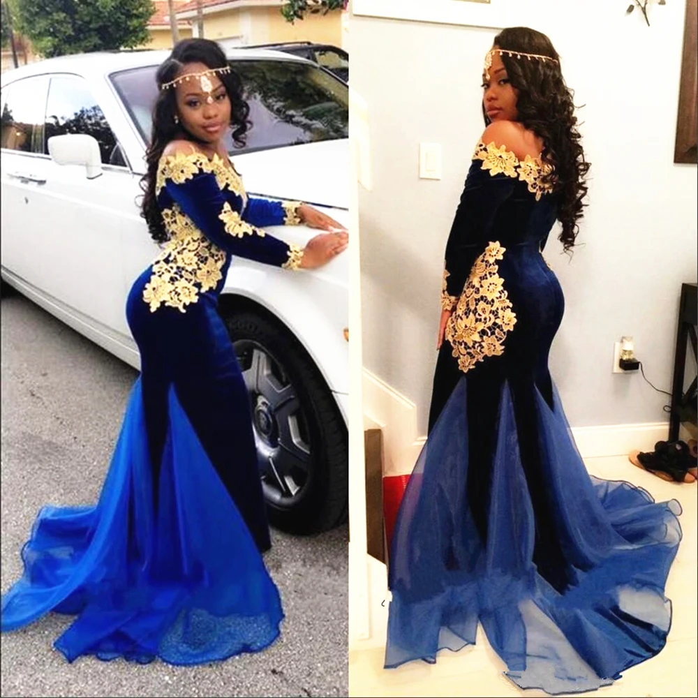 windsor prom dresses Royal Blue Velvet with Gold Lace Prom Dresses Long Sleeve Off Shoulder Mermaid Formal Evening Party Gowns Customize Plus Size cute prom dresses