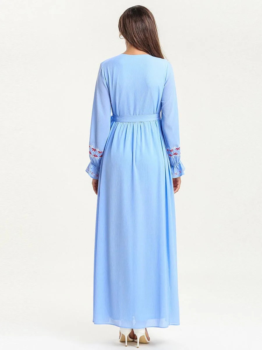 Мусульманское платье женское модное простое с вышивкой и длинным рукавом