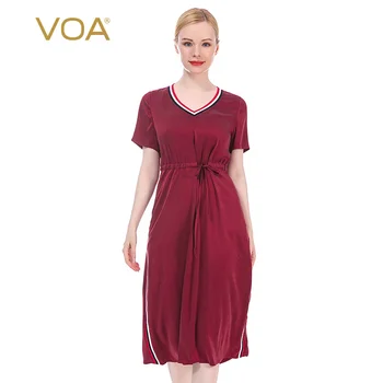 

VOA satin silk peach heart neckline skin-friendly stretch contrast collage drawstring pleated short sleeve dress AJ670