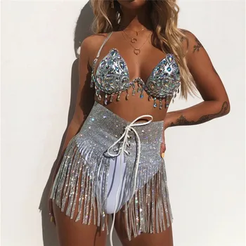 

Bling Gems Diamonds 3 Piece Sets Underwire Push Up Bra Tops Lace Up Panty Tassel Mini Skirts Sexy Women Outfits Music Festival