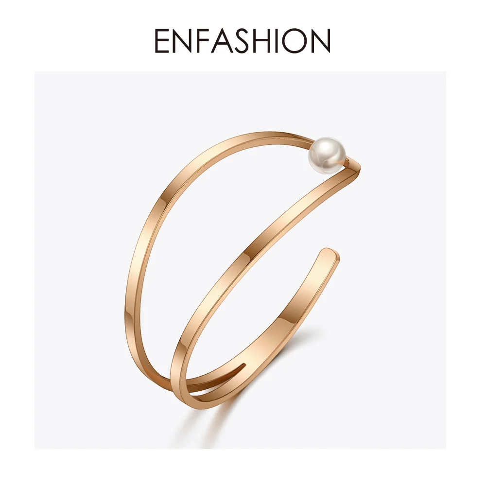 ENFASHION, милые, открывающиеся в виде рыбы браслеты-манжеты, браслеты для женщин, золотой цвет, жемчуг, C Форма, линия, женский браслет, модное ювелирное изделие, B2019 - Окраска металла: Rose gold color