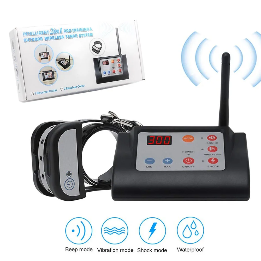 2 in 1 Wireless Electric Pet Dog Fence 4 Working Modes Dog Training Collars Waterproof Rechargeable Pet Electric Collar pet dog training collar