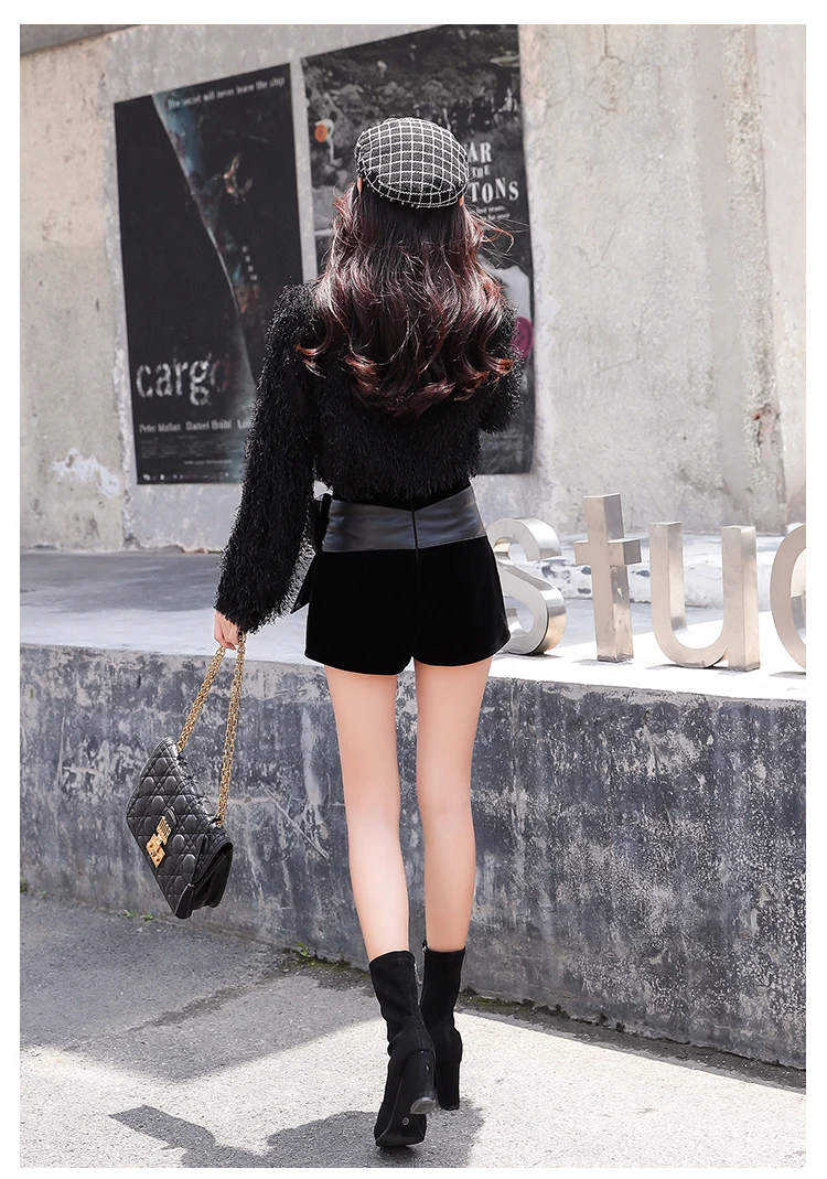 Solid Korean Velvet Patchwork PU Bow Shorts Women Autumn Winter Fashion Sexy Hot Clothes Short Mujer Black Clothing B9N309