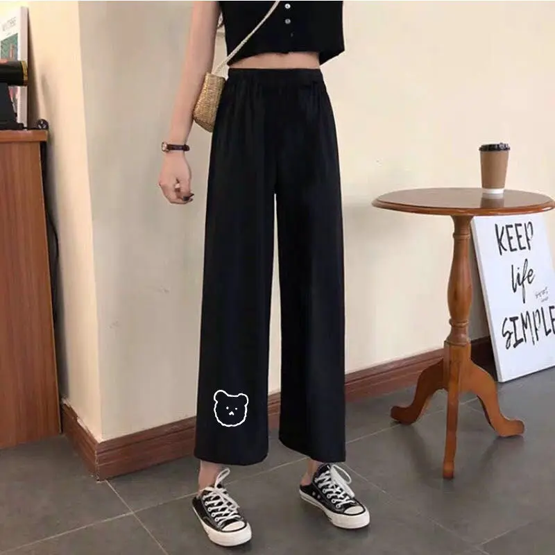 Spring Autumn New Printed Wide Leg Pants Women Korean High Waist Straight Casual Pants Female Students Cropped Black Pants