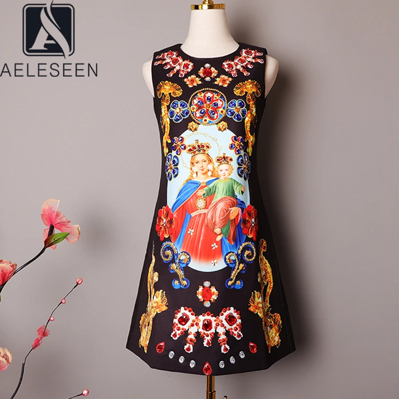 AELESEEN, подиум, модное платье на бретелях, женское, весна-лето, бисероплетение, цветочный принт, без рукавов, бриллианты, мини, повседневное, праздничное платье