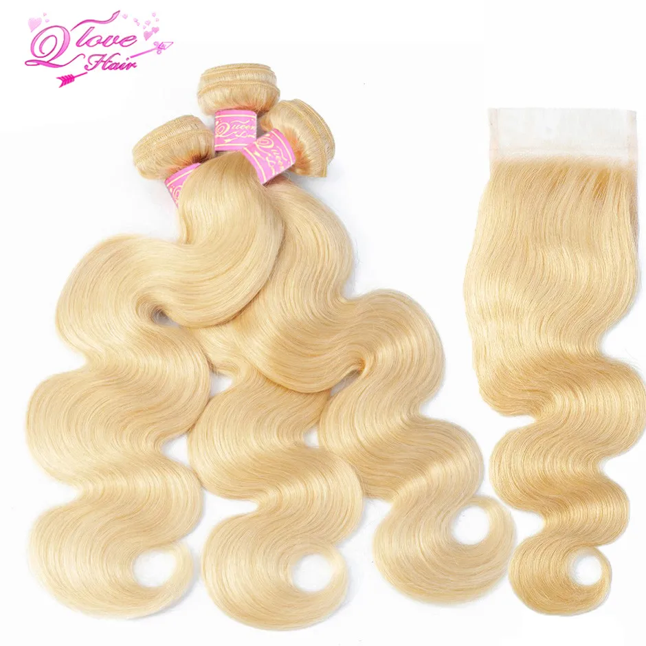 

Queen Love 613 Blonde bundles with closure Peruvian Remy Human hair Weave Bundles Body Wave 3 Honey Blonde Bundles With Closure