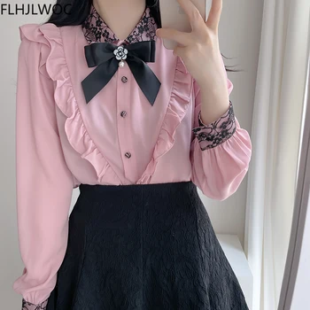 귀여운 리본 나비 넥타이 상의 여성용, 프레피 스타일 빈티지 일본 한국 디자인 버튼 우아한 정장 셔츠 블라우스, 2023 가을 봄