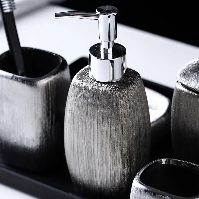 Гальванические серебряные керамические аксессуары для ванной комнаты 6 шт. набор для мытья/Меламиновый поднос/дозатор для мыла, лосьона/держатель зубной щетки