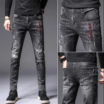 

Shredded skull jeans men's slim feet pants spring new patch printing embroidery stretch trend long pants casual men jeans cheny