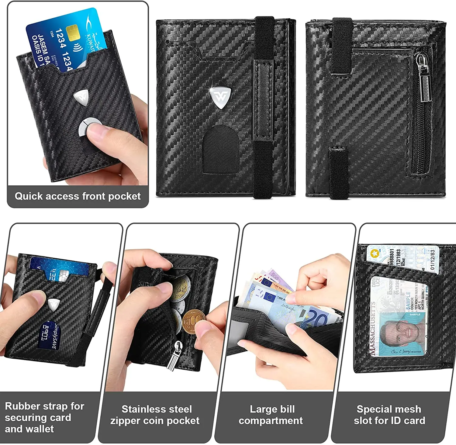 Mini Small Card Holder Wallets Men Slim Carbon Leather Purse RFID Card Case Zip Coin Compartment Black