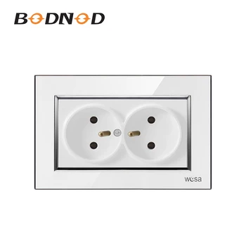 

Wall Power Socket 2 Gang French Plug16A 220V 84mm * 84mm White Acrylic Panel With Safety Door Electric Outlet