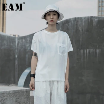 

[EAM] Women White Split Joint White Big Size T-shirt New Round Neck Short Sleeve Fashion Tide Spring Summer 2020 1T068