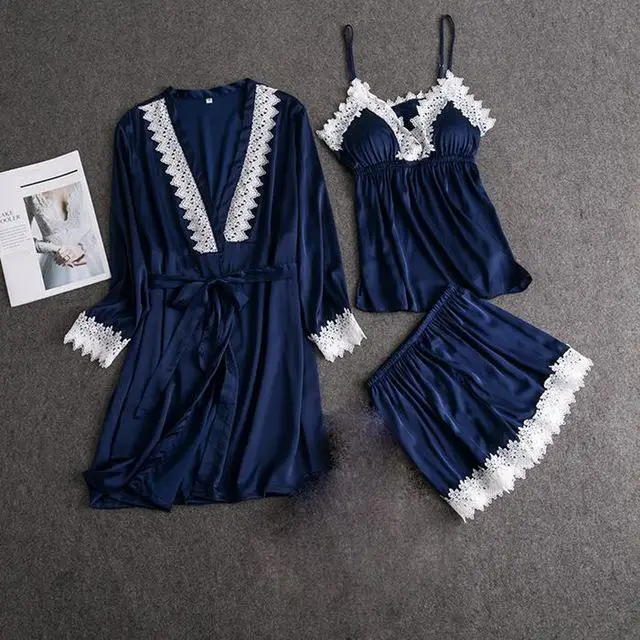 Женское сексуальное кружевное кимоно, халат, атласное однотонное платье для свадьбы, невесты, подружек невесты, ночная рубашка, кружевное вискозное Женское ночное белье, пижама - Цвет: Blue 3PCS